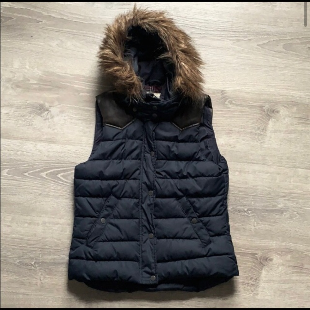 H&M Faux Fur Lined Hooded Vest- Navy Blue- M/8